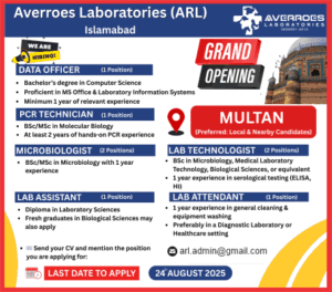 Averroes Laboratories (ARL) is hiring in Multan: Data Officer, PCR Tech, Microbiologist, Lab Tech & more. Apply by 24 Aug 2025 at arl.admin@gmail.com.