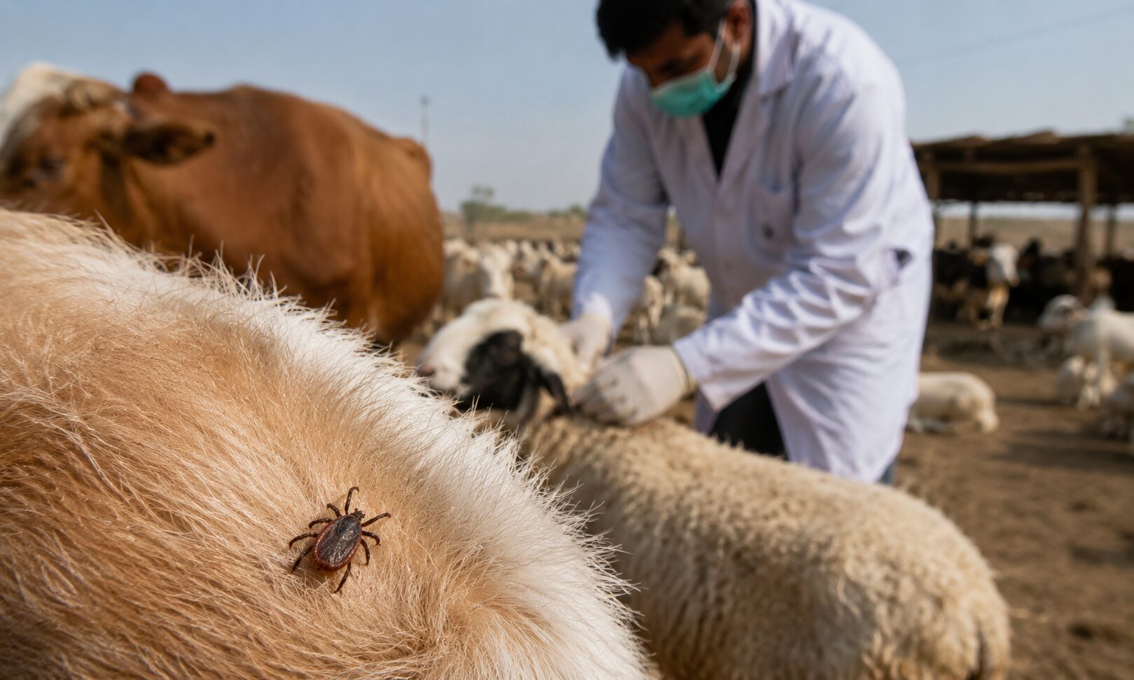 Close-up of a Hyalomma tick with livestock and a veterinarian examining animals in a semi-arid farm setting